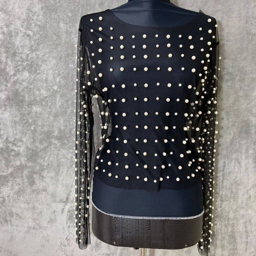 Women’s Black Sheer Mesh Beaded Pearl Long Sleeve Blouse Size M punk rock grunge